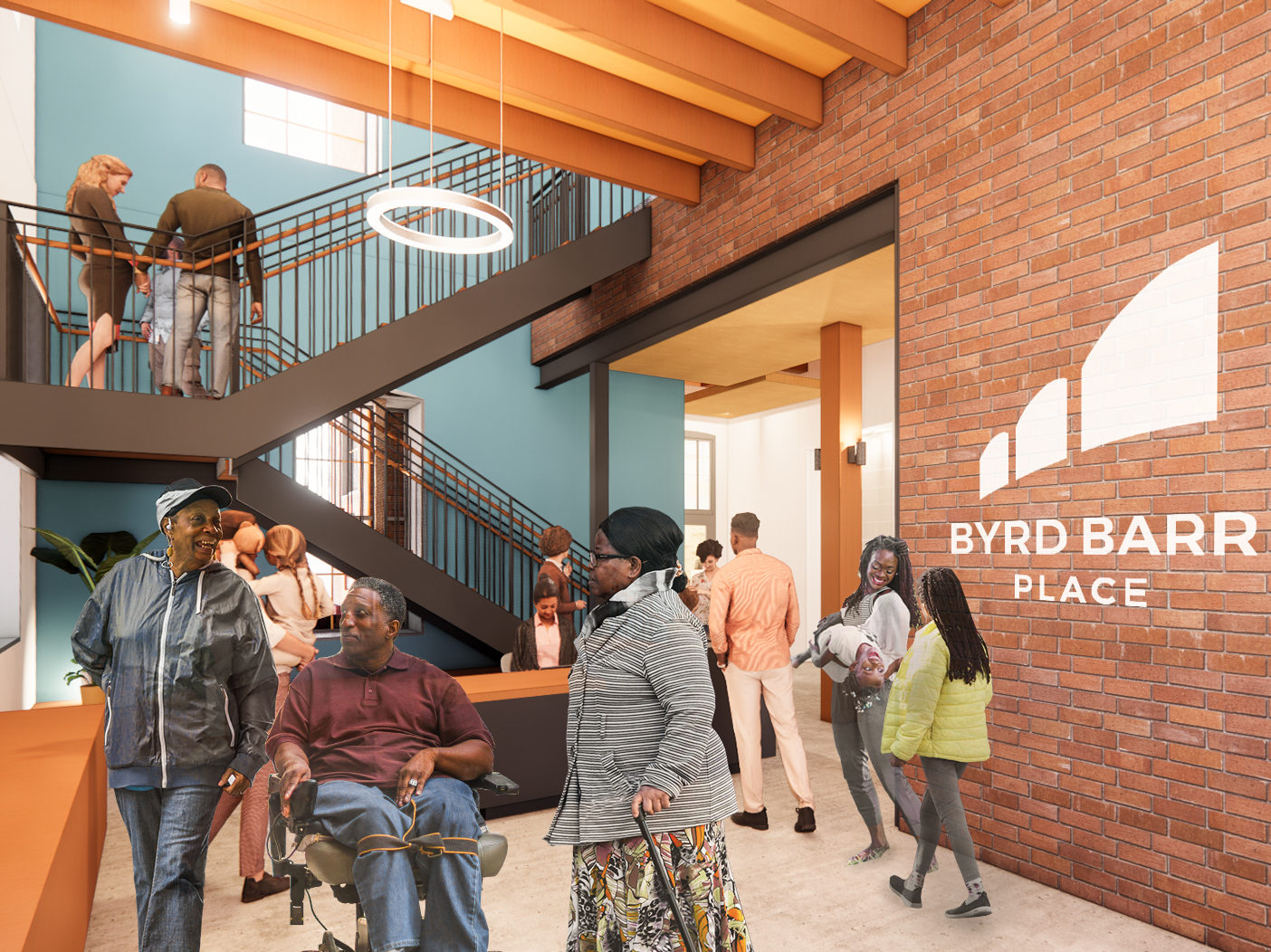 A rendering if the new Byrd Barr Place lobby, with people gathered
