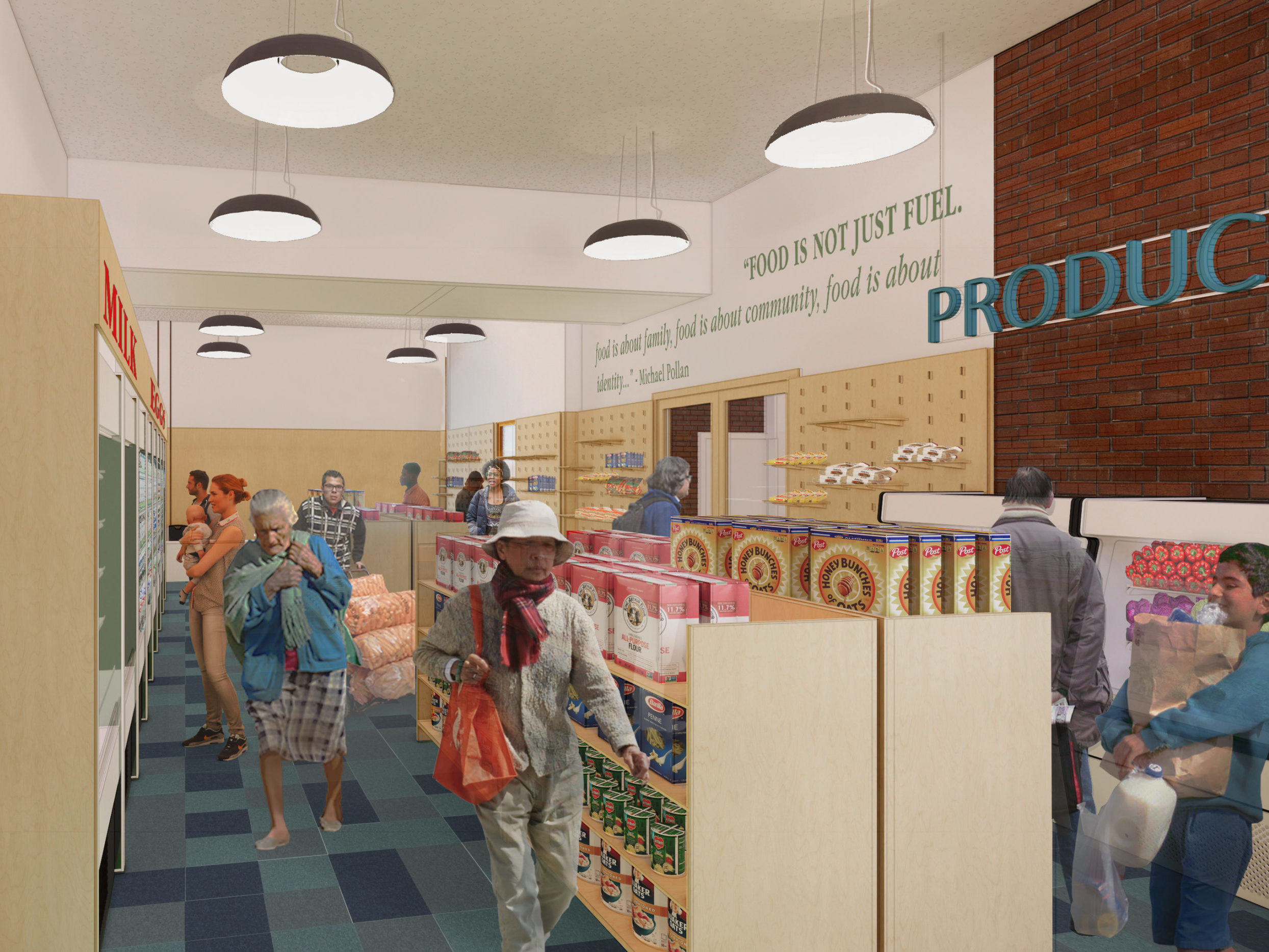 A rendering of a grocery market