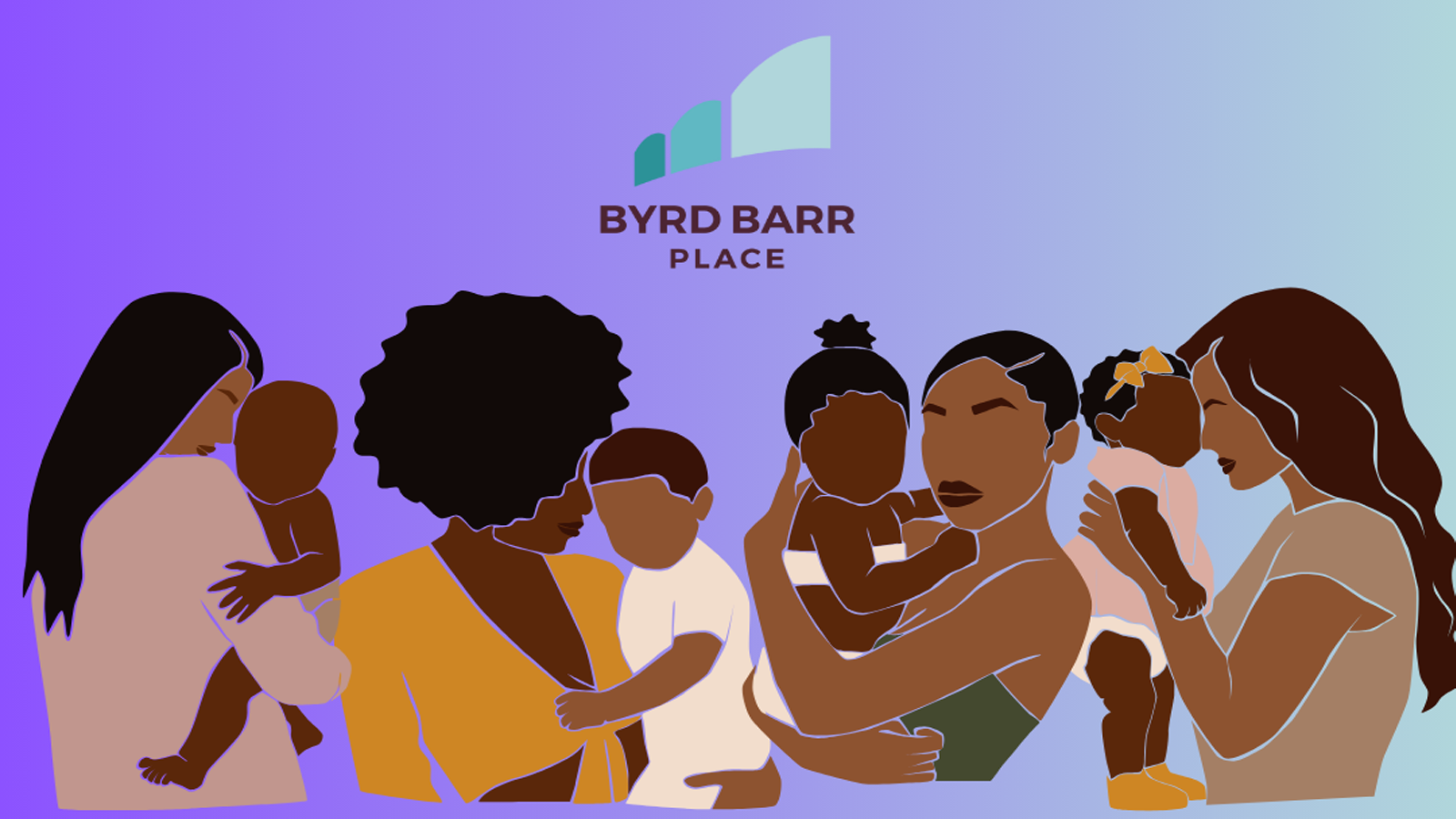 Graphic image of four mothers holding their babies, with a purple and blue gradient background